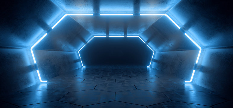 Bright Modern Futuristic Alien Reflective Concrete Corridor Tunnel Empty Room With Classic Pantone Cyber Blue Neon Glowing Lights Hexagon Floor Background 3D Rendering