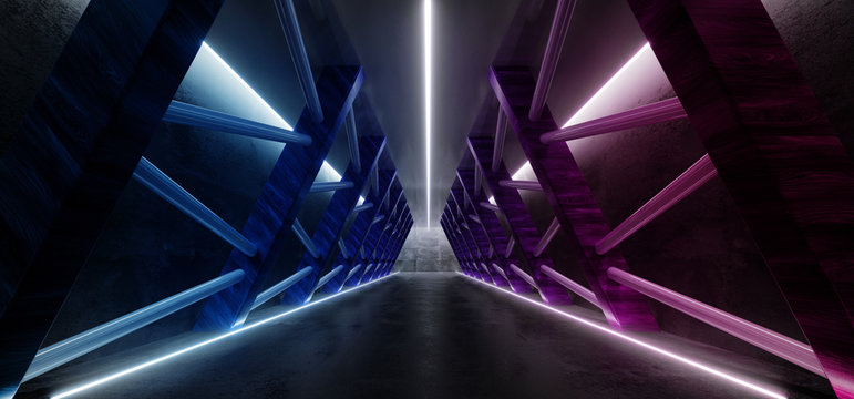 Empty Loong Modern Neon Blue Purple Futuristic Interior Corridor Room With Triangle Oak Wood Columns And Metal Lines With Reflections On The Floor Background 3D Rendering © IM_VISUALS
