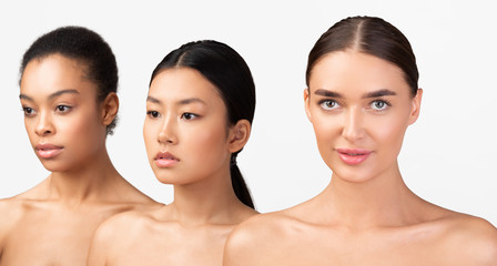 Three Naked Multiethnic Girls Posing Over White Background, Panorama