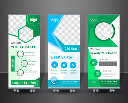 Medical concept. Graphic template roll-up for exhibitions, banner for seminar, layout for placement of photos. Universal stand for conference - Vector