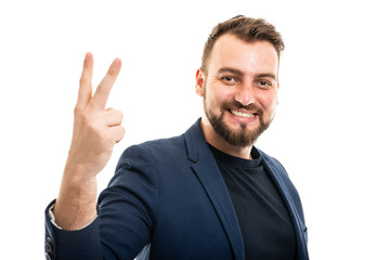 Business man wearing smart casual clothes showing number two