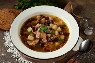 Soup with red beans, potatoes and bacon.