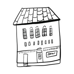 House illustration for your design. Small hand drawn line building drawing