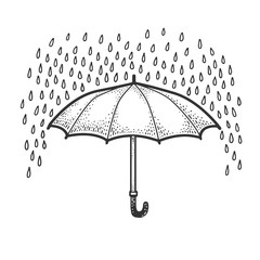 umbrella protects from rain sketch engraving vector illustration. T-shirt apparel print design. Scratch board imitation. Black and white hand drawn image. - obrazy, fototapety, plakaty
