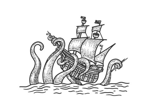 giant octopus attacked an old ship sketch engraving vector illustration. T-shirt apparel print design. Scratch board imitation. Black and white hand drawn image.