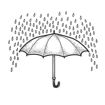 umbrella protects from rain sketch engraving vector illustration. T-shirt apparel print design. Scratch board imitation. Black and white hand drawn image.