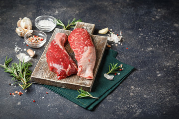 Raw beef steak with spices.