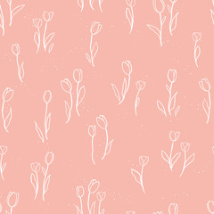 Cute hand drawn tulips seamless pattern, lovely doodle floral background, great for textiles, spring backdrops, wallpaper, banners - vector design
