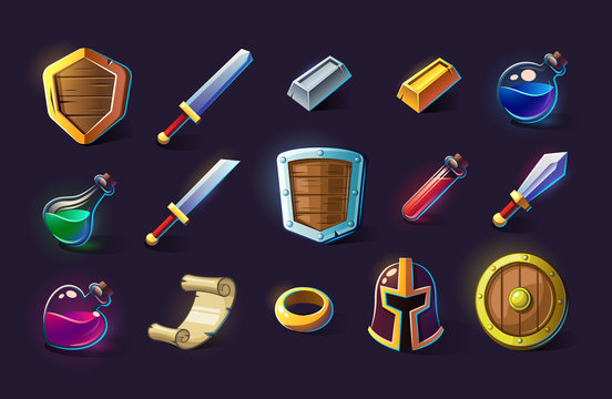Set of vector icons, objects, things, item. Game concept and design. Design element. Magical magic. Game assets and tile. Fantasy, fiction style.