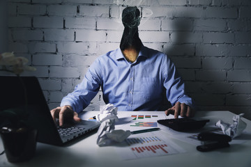 burnout syndrome at work concept. exhausted overworked man working in office - obrazy, fototapety, plakaty