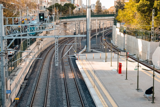 High Speed Passenger Train Station With Empty Railway, View From Above