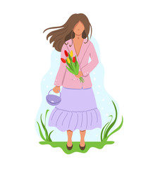 Beautiful women holding a bouquet of tulips in modern suite. Isolated vector illustration drawing in flat style.