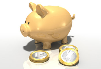 3d gelbes Sparschwein mit EUR Münzen, freigestellt