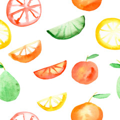 Watercolor seamless pattern with juicy citrus. Lemon, orange, lime fruits. Suitable for kids apparel, web design, posters, fabric, wrapping paper. Digital paper.