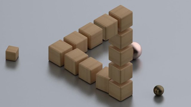 3D animation of a wooden constructor. Cubes create an impossible triangle, a mathematical puzzle, an illusion, an optical illusion.