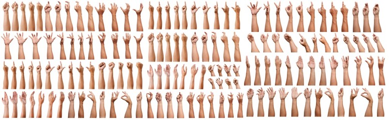 SUPER SET of Male asian hand gestures isolated over the white background. Grab with five fingers...