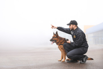 Male police officer with dog patrolling city street