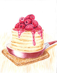 watercolor pancakes with raspberries drawing