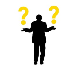 silhouette of a man with hands apart and a question mark. choice concept illustration