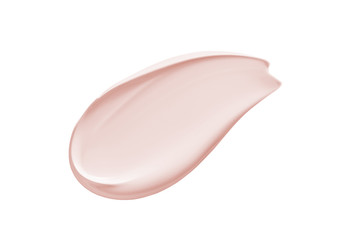 Pink peach cosmetic cream swatch smear. Color correcting concealer, makeup primer sample isolated...