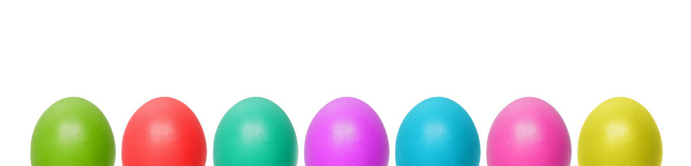 Colorful Easter eggs  set isolated on white background. Traditional Easter bright color holiday decoration. Green, red, yellow, blue, pink, purple eggs in a row