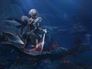 Underwater fantasy girl a dragon queen mixed media - obrazy, fototapety, plakaty