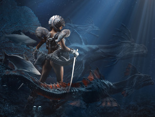 Fototapeta premium Podwodna dziewczyna fantasy, królowa smoków, technika mieszana