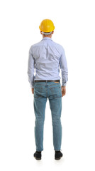 Male engineer on white background, back view