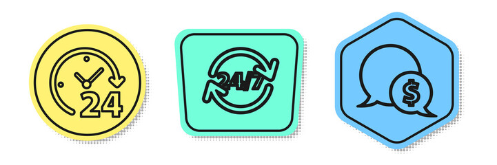 Set line Clock 24 hours, Clock 24 hours and Speech bubble with dollar. Colored shapes. Vector