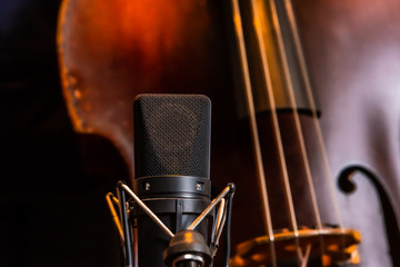 A large diaphragm condenser microphone in a suspension cradle is used to record double bass in a...