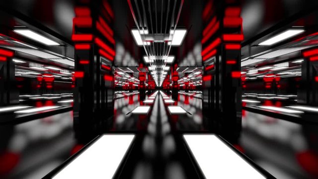3D animation of illuminated red space with walls