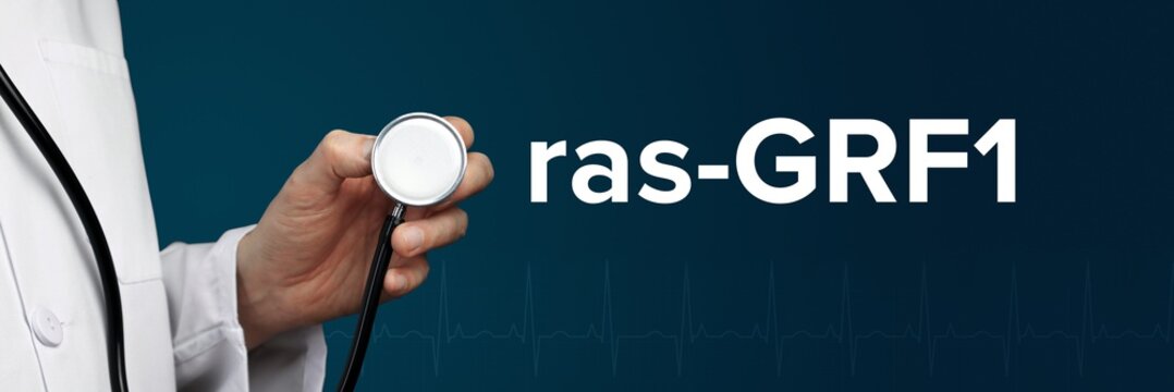 ras-GRF1. Doctor in smock holds stethoscope. The word ras-GRF1 is next to it. Symbol of medicine, illness, health