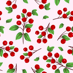Vector seamless pattern with lingonberry; lingonberry twigs for fabric, wallpaper, wrapping paper, textile, packaging, web design. - 328059719