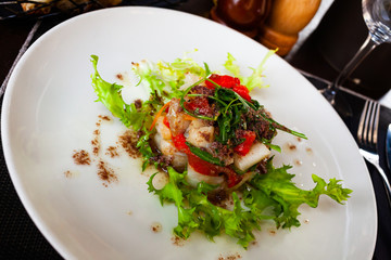 Cod timbale with roasted red peppers and arugula