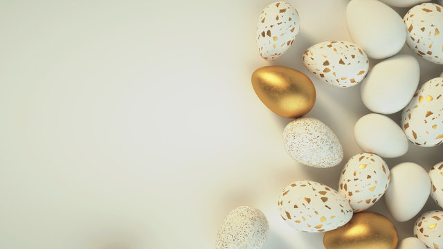 Happy Easter background with Easter white and gold eggs. 3d render illustration