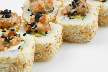 roll Shanghai with cream cheese, cucumber, eel, sesame. isolated on white background. 