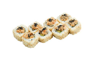 roll Shanghai with cream cheese, cucumber, eel, sesame. isolated on white background. 