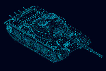 Wireframe of a polygonal combat tank of blue lines with luminous lights on a dark background. View isometric. 3D. Vector illustration