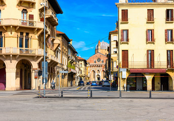 Old street with Basilica di Sant'Antonio di Padova on background in Padova (Padua), Veneto, Italy.