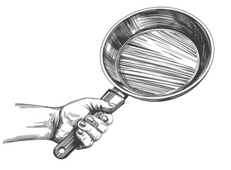 frying pan hold in hand, cooking, kitchen, hand drawn vector illustration realistic sketch