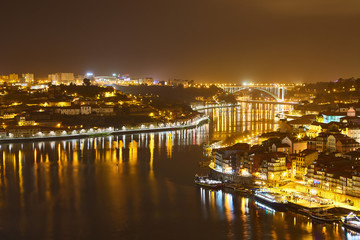 Obraz premium Porto: night panorama of Ribeira and Douro river, Portugal