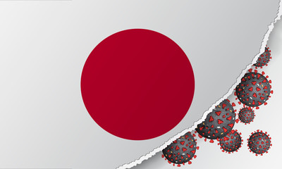 Flag of Japan with outbreak deadly coronavirus covid-19. Banner with the spread of Coronavirus 2019-nCoV virus strain. A large coronavirus bacteriums against background of the national flag Japan.