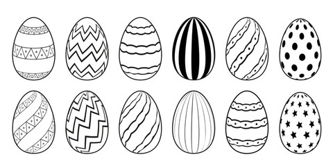 A set of decorated Easter Eggs for use in Easter designs. Outline vector illustration isolated on white.