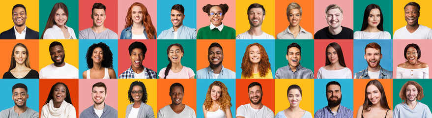 Fototapeta na wymiar Collage Of Diverse People Portraits On Colorful Backgrounds, Panorama