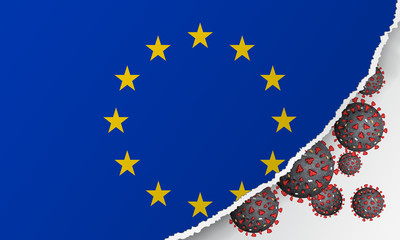 Flag of European Union with outbreak deadly coronavirus covid-19. Banner with the spread of Coronavirus 2019-nCoV virus strain. A large coronavirus bacteriums against background of the national flag.