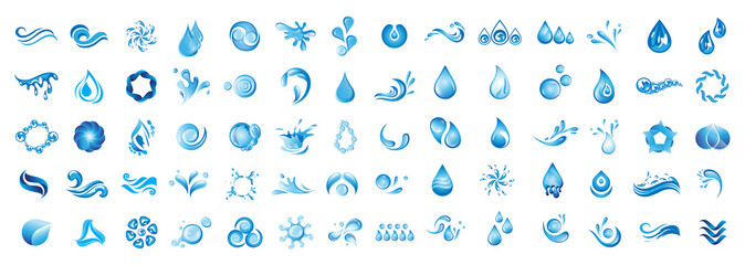 Water Splash Vector And Drop Logo Set - Isolated On White Background. Vector Collection Of Flat Water Splash and Drop Logo. Icons For Droplet, Wave, Rain, Raindrop, Company Logo And Bubble Design