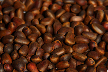 Pine nuts in shells, not peeled as a background