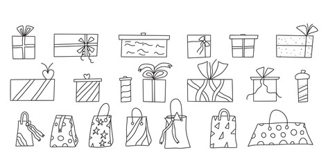 Gift packages set. Vector hand drawn design.