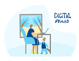 Digital nomand concept. Vector man with plaptop