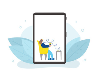 Podcast vector concept. Girl with audio stuff.